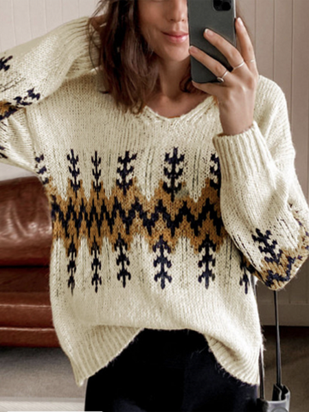 

Loose V Neck Casual Sweater, Multicolor, Sweaters