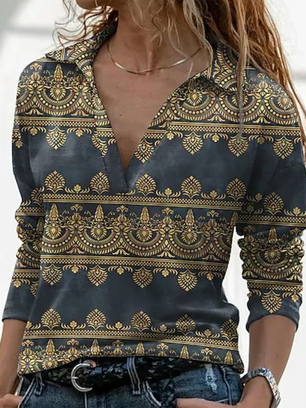 

Loose Ethnic Shawl Collar Top, Multicolor, Shirts & Blouses