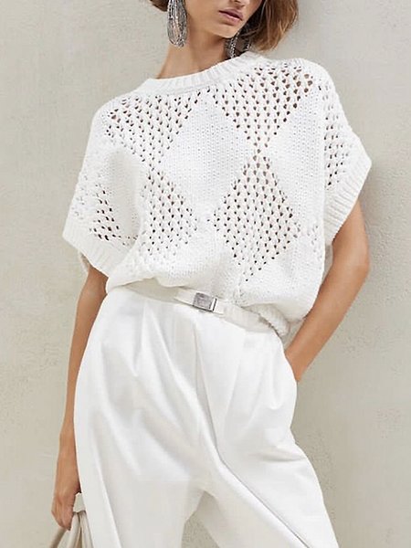 

Casual Loose Crew Neck O-Line Plain Sweater, White, Sweaters