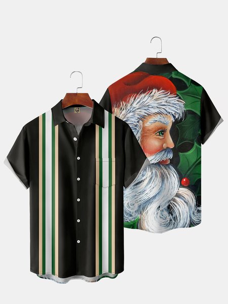 

Men's Back Christmas Print Casual Breathable Pocket Bowling Short Sleeve Shirt, Black, Short Sleeve Shirts