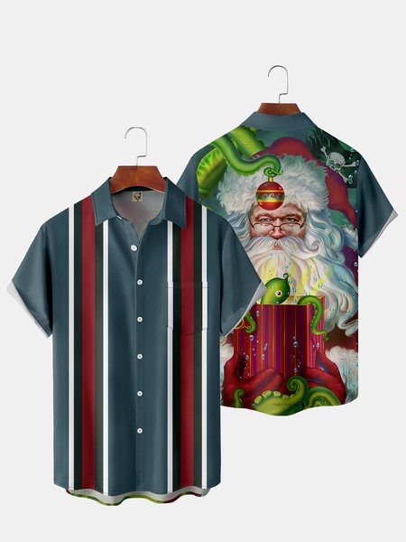 

Men's Back Christmas Print Casual Breathable Pocket Bowling Short Sleeve Shirt, Blue, Short Sleeve Shirts