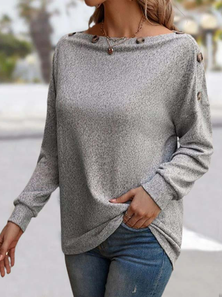 

Casual Space Dye Boat Neck Button Detail Drop Shoulder Top, Gray, Tops