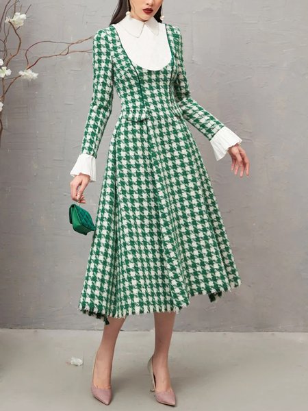 

Urban Long Sleeve Regular Fit Houndstooth Midi Dress, Green, Midi Dresses