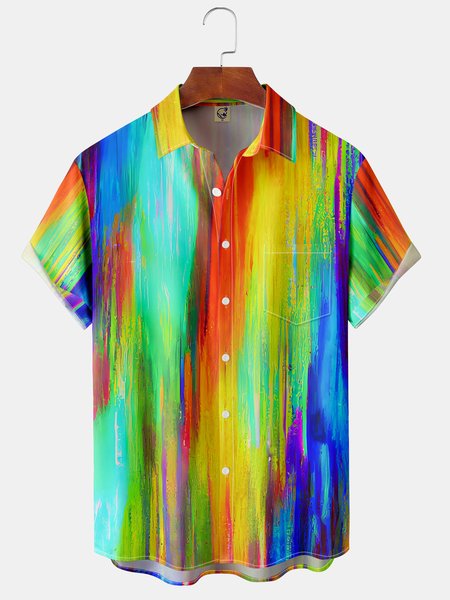 

Men's Casual Art Splash Front Button Soft Breathable Chest Pocket Casual Hawaiian Shirt, Orange, Short Sleeve Shirts