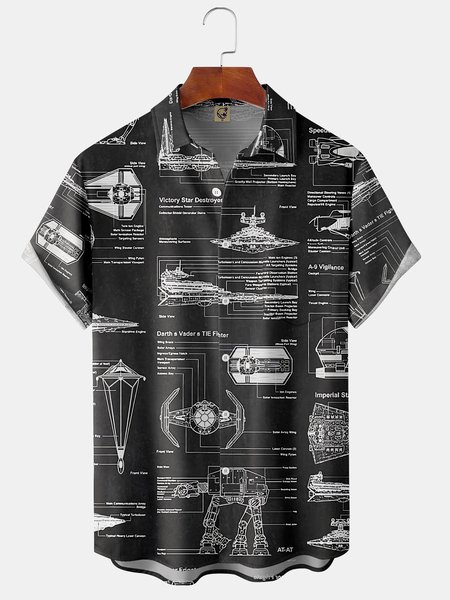 

Men's Line Art Spacecraft Print Casual Breathable Hawaiian Short Sleeve Shirt, Black, Short Sleeve Shirts