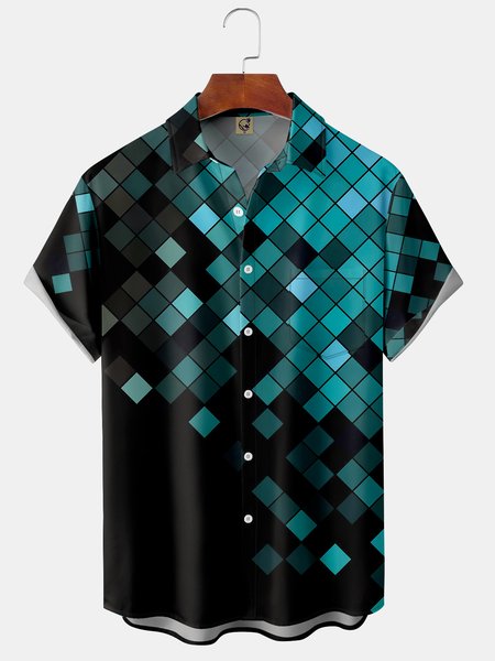 

Mens Geometric Print Front Buttons Soft Breathable Chest Pocket Casual Hawaiian Shirt, Black, Short Sleeve Shirts