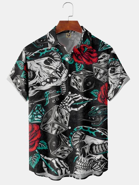 

Mens Skull Print Front Buttons Soft Breathable Chest Pocket Casual Hawaiian Shirt, Black, Short Sleeve Shirts