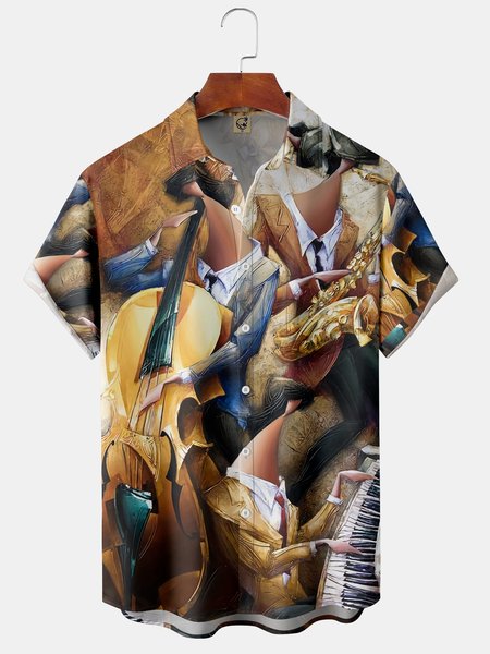 Men's Art Music Print Casual Breathable Short Sleeve Shirt with Pockets, As picture, Short Sleeve Shirts