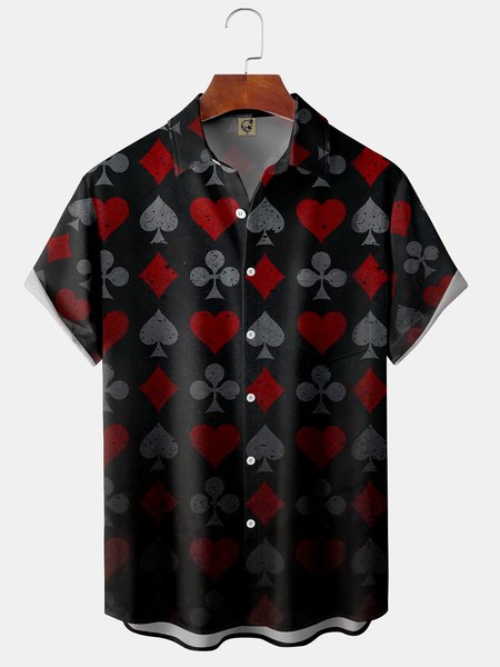 

Mens Poker Print Front Buttons Soft Breathable Chest Pocket Casual Hawaiian Shirt, Black, Short Sleeve Shirts
