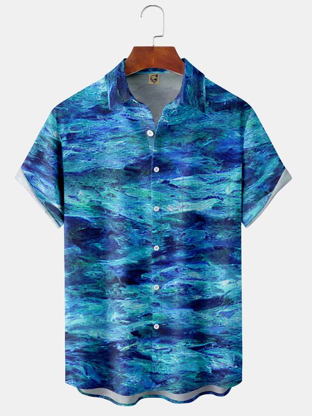 

Men's Casual Art Gradient Front Button Soft Breathable Chest Pocket Casual Hawaiian Shirt, Blue, Short Sleeve Shirts