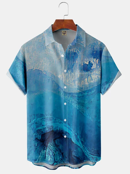 

Men's Casual Art Gradient Front Button Soft Breathable Chest Pocket Casual Hawaiian Shirt, Blue, Short Sleeve Shirts