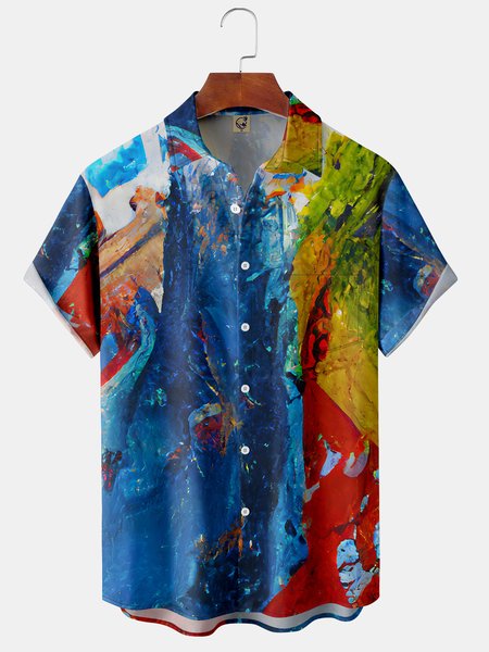 

Men's Casual Art Splash Front Button Soft Breathable Chest Pocket Casual Hawaiian Shirt, Dark blue, Short Sleeve Shirts