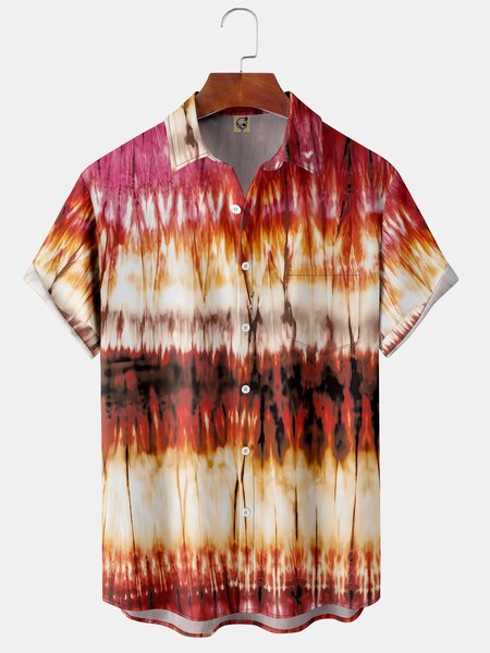 

Mens Tie Dye Print Front Buttons Soft Breathable Chest Pocket Casual Hawaiian Shirt, Red, Short Sleeve Shirts