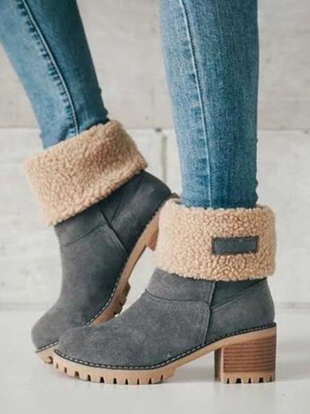 

Women Plus Size Warm Square Chunky Heels Ankle Fur Lined Snow Boots, Gray, Boots