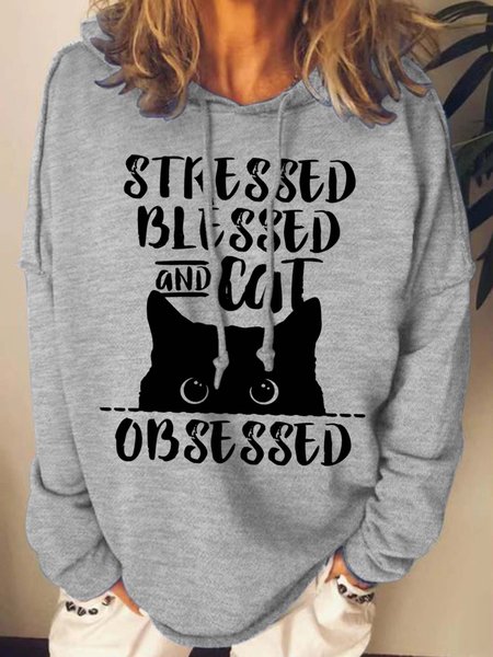 

Women Stressed Blessed Obsessed Cat Animals Casual Sweatshirt, Gray, Hoodies&Sweatshirts