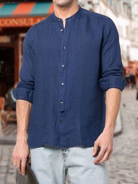

Men's Cotton Linen Stand Collar Long Sleeve Shirt, Blue, Long Sleeve Shirts