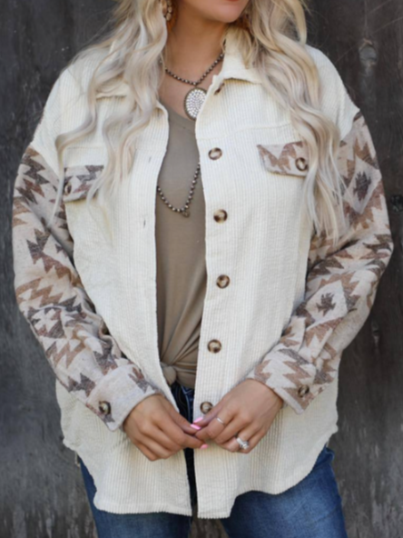 Boho Loose Shirt Collar Corduroy Jacket, White, Jackets