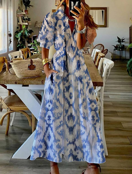 

Casual Ethnic Regular Fit Dresses Shirt Dress, Blue, Maxi Dresses