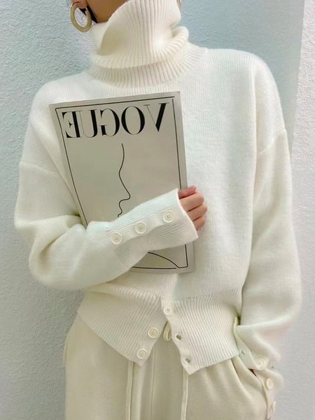 

White Daily Long sleeve Turtleneck Regular Fit Sweater, Sweaters