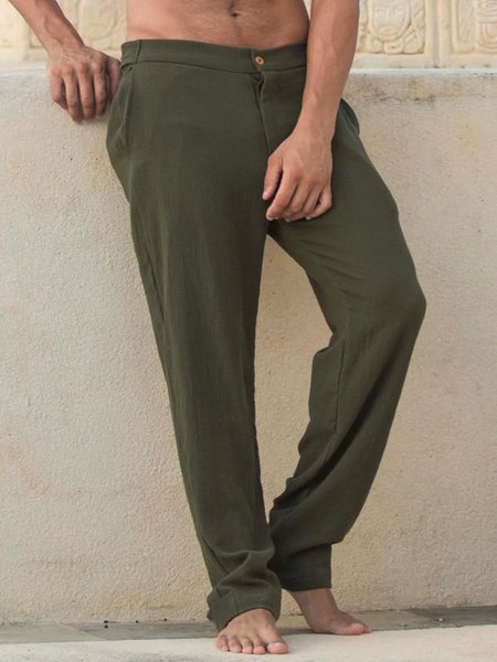 

Cotton and Linen Plain Hawaiian Casual Trousers, Green, Men's pants