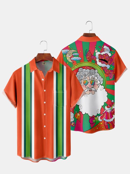

Men's Back Christmas Print Casual Breathable Pocket Bowling Short Sleeve Shirt, Orange red, Short Sleeve Shirts