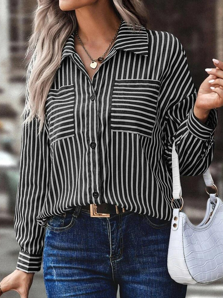 

Casual Striped Print Drop Shoulder Shirt, Black, Shirts & Blouses