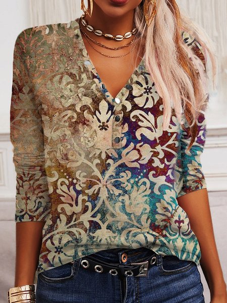

V Neck Ethnic Casual Top, Multicolor, T-Shirts