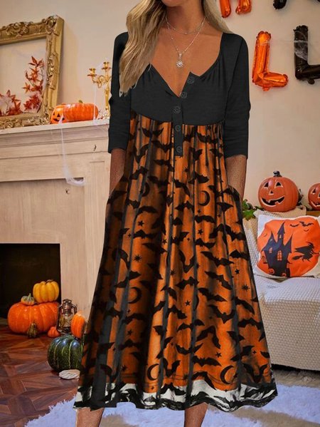 

Bats Pattern Lace Overlay Knot Halloween Dress, Orange red, Dresses