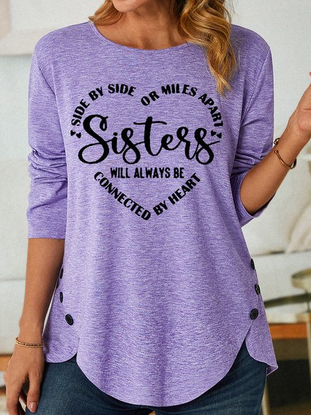 

Women's Sister Text Letters Heart Cotton-Blend Long Sleeve Top, Purple, Long sleeves