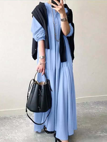 

Blue Daily Long sleeve Stand Collar Regular Fit Dress, Maxi Dresses