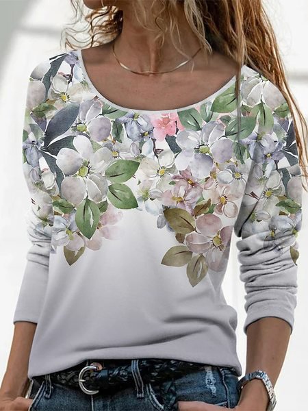 

Floral Design Long Sleeve Oversized T-Shirt, White, T-Shirts
