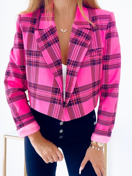 Rose Red Daily Long sleeve Lapel Collar Plaid Blazer, Blazers