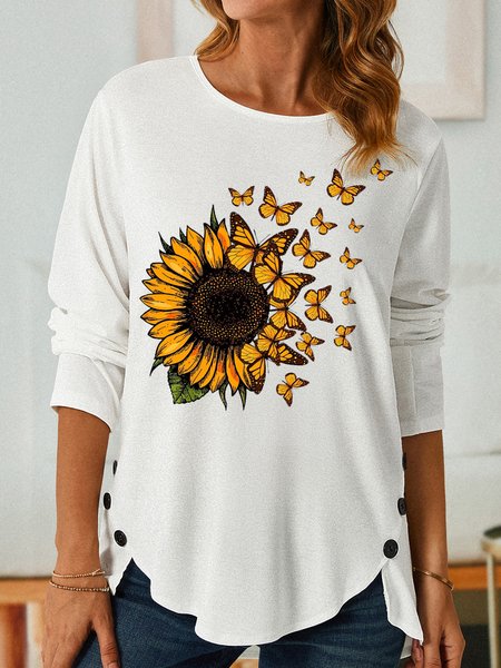 

Women's Sunflower Butterfly Crew Neck Casual Long Sleeve Top, White, Long sleeves