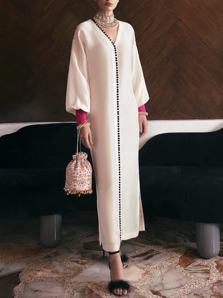 

Lantern Sleeve Elegant Plain Long Dress, Apricot, Maxi Dresses
