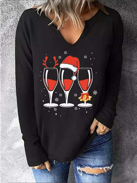

Casual V Neck Christmas T-Shirt, Black, T-Shirts