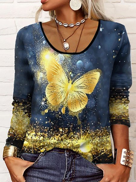 

Long Sleeve Glitter Butterfly Loose T-Shirt, Blue, T-Shirts