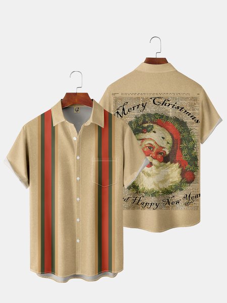 

Men's Back Christmas Print Casual Breathable Pocket Bowling Short Sleeve Shirt, Khaki, Short Sleeve Shirts