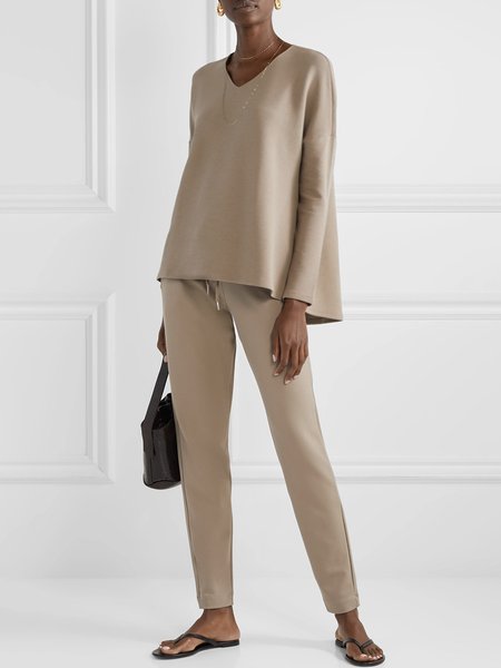 

V Neck Loose Two Piece Top With Pants Set, Khaki, Two-piece Set