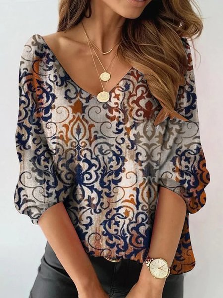 

Casual V Neck Ethnic T-Shirt, Multicolor, Shirts & Blouses
