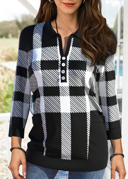 

Casual Check Shirt Collar Top, Black, Tops