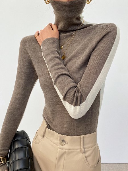 

Color Block Regular Fit Long Sleeve Turtleneck Sweater, Light coffee, Sweaters
