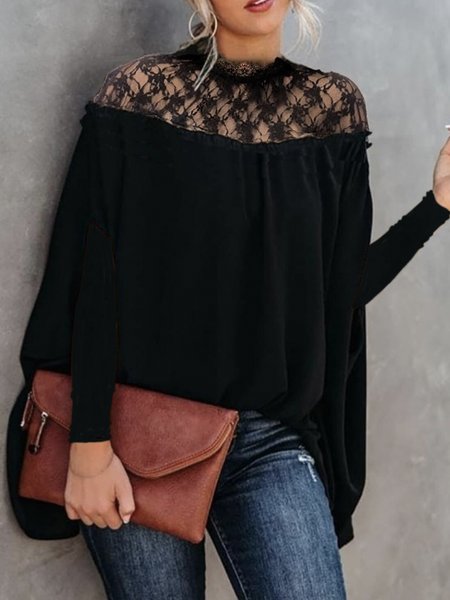 

Stand Collar Elegant Plain Loosen Long Sleeve Blouse, Black, Blouses and Shirts