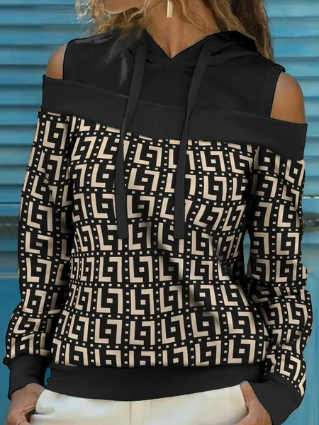

Casual Geo Print Cold Shoulder Long Sleeve Hoodie, Black, Hoodies & Sweatshirts