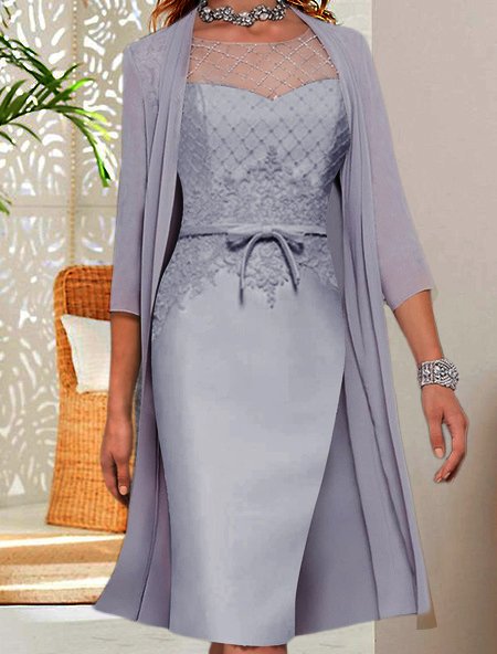 Elegant Lace Panel Two Piece Dress, Light gray, Suit Set