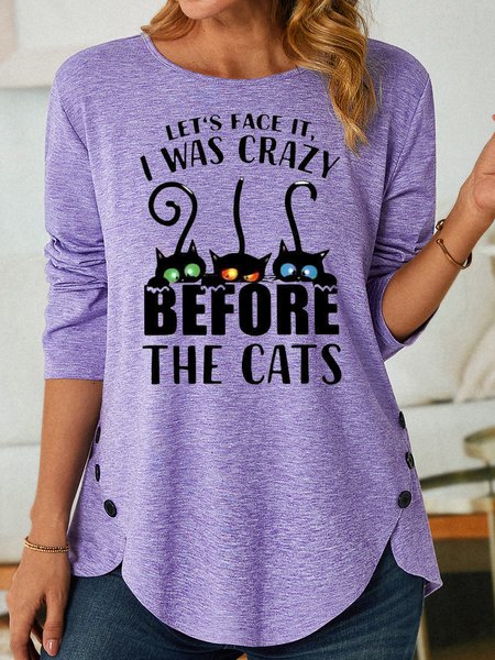 

Womens Cat Lover Crew Neck Casual Letters Top, Purple, Long sleeves
