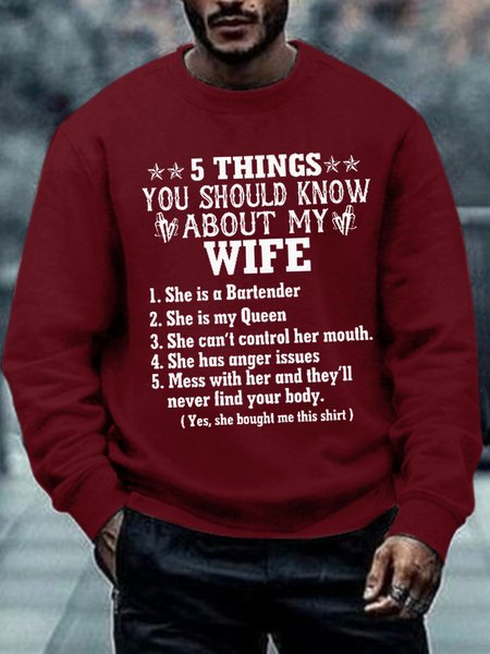 

Five Things You Should Know About My Wife Men Crew Neck Text Letters Sweatshirt, Red, Hoodies&Sweatshirts