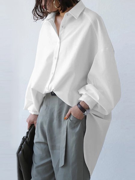

White Long sleeve Regular Fit Plain Daily Blouse, Blouses and Shirts