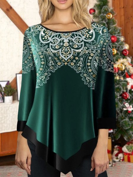 

Crew Neck Loose Ethnic Tops, Green, Shirts & Blouses