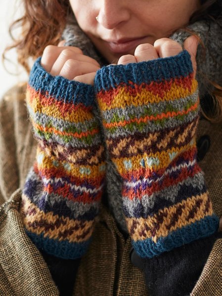 

Ethnic Jacquard Contrast Color Half Finger Gloves Autumn Winter Warm Daily, Blue, Women Gloves