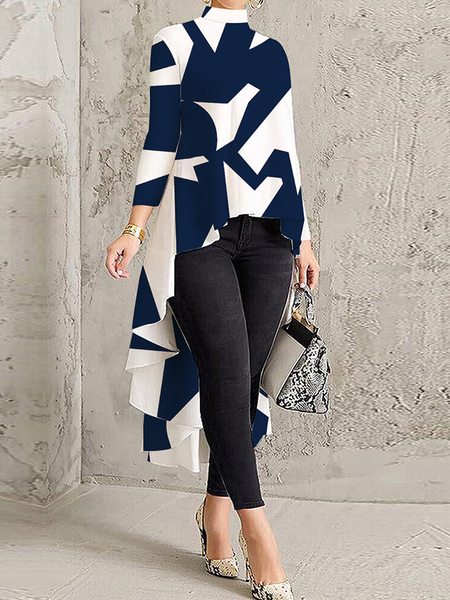 

Loose A-Line Long sleeve Stand Collar Urban Blouse, Blue, Blouses and Shirts